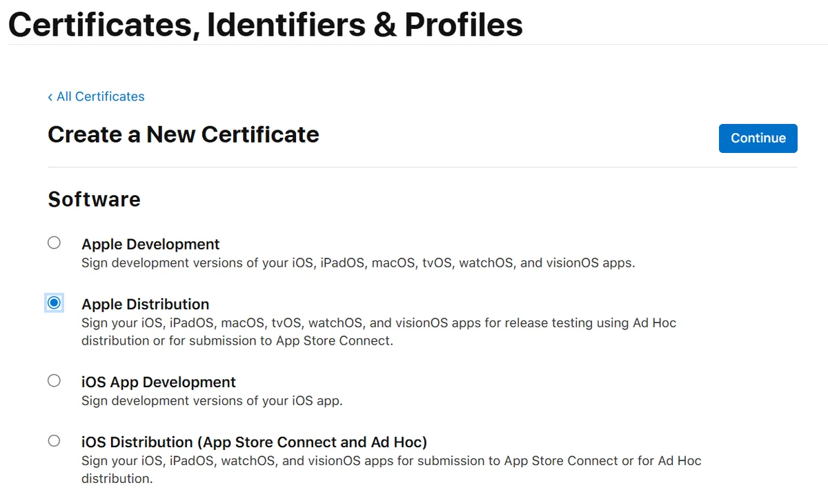 Select Apple Distribution screen