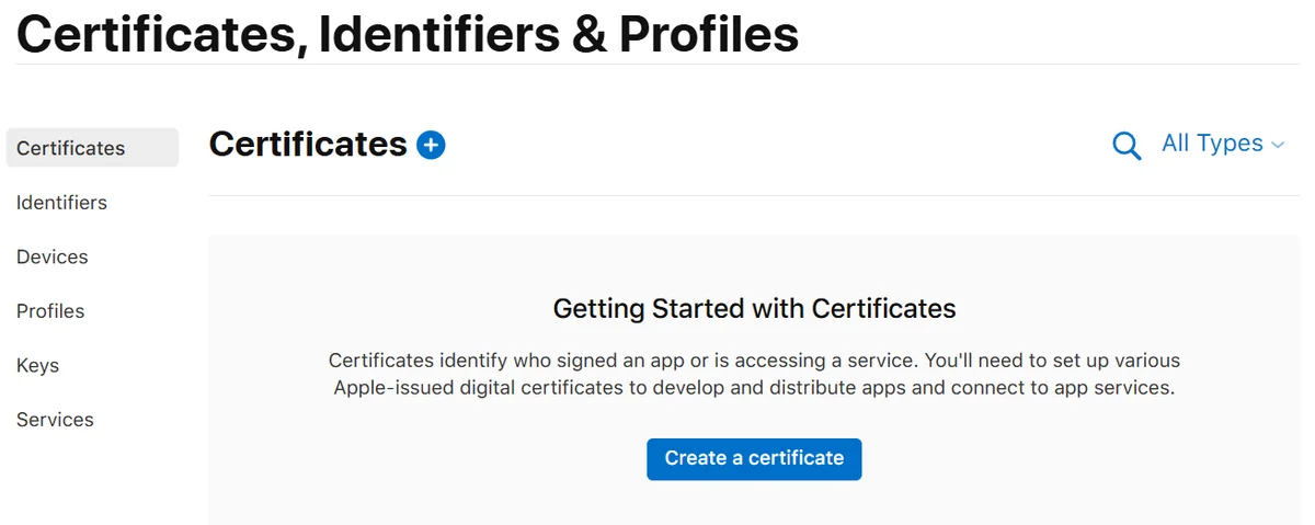 Apple Developer Certificates list screen