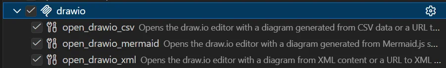 Copilot Chat showing draw.io MCP server tools in the Configure Tools section